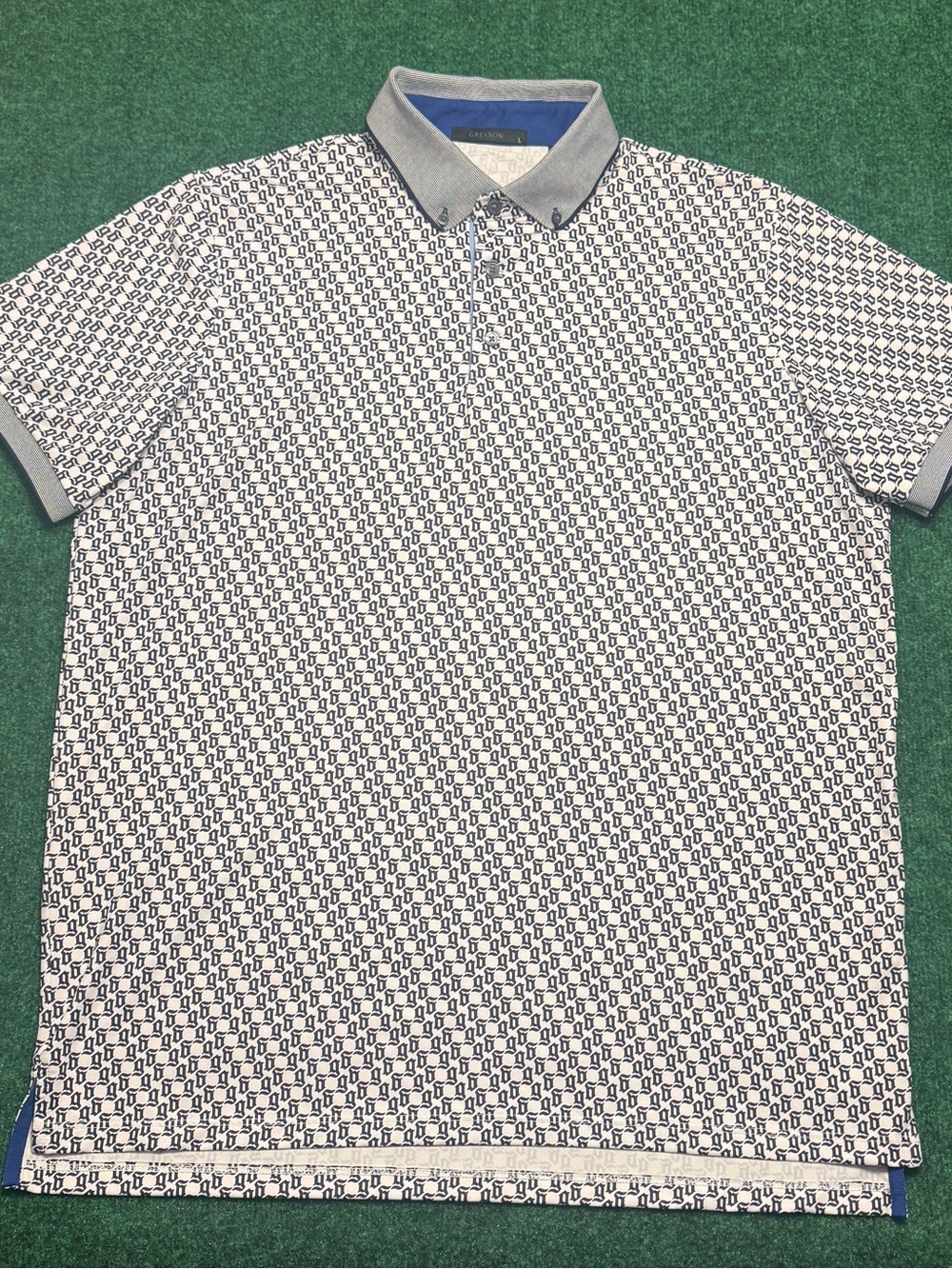 Greyson Cuffed Golf Polo with Navy “G” Monogram Pattern (Size Large/ White) - Picture 3 of 8